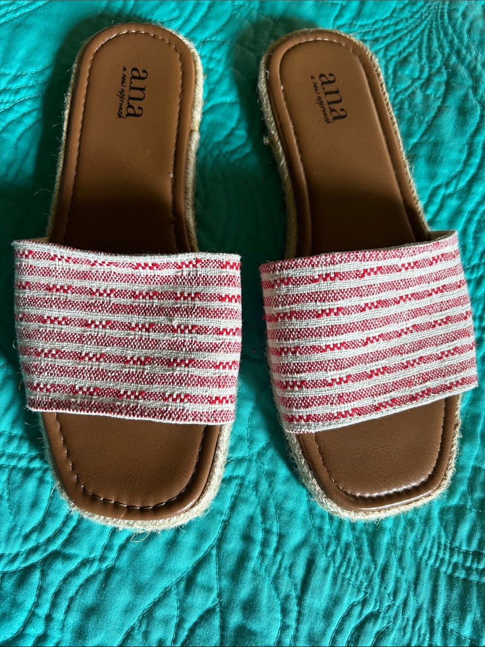 a.n.a Red & White Striped Slide Sandals with Brown Footbed